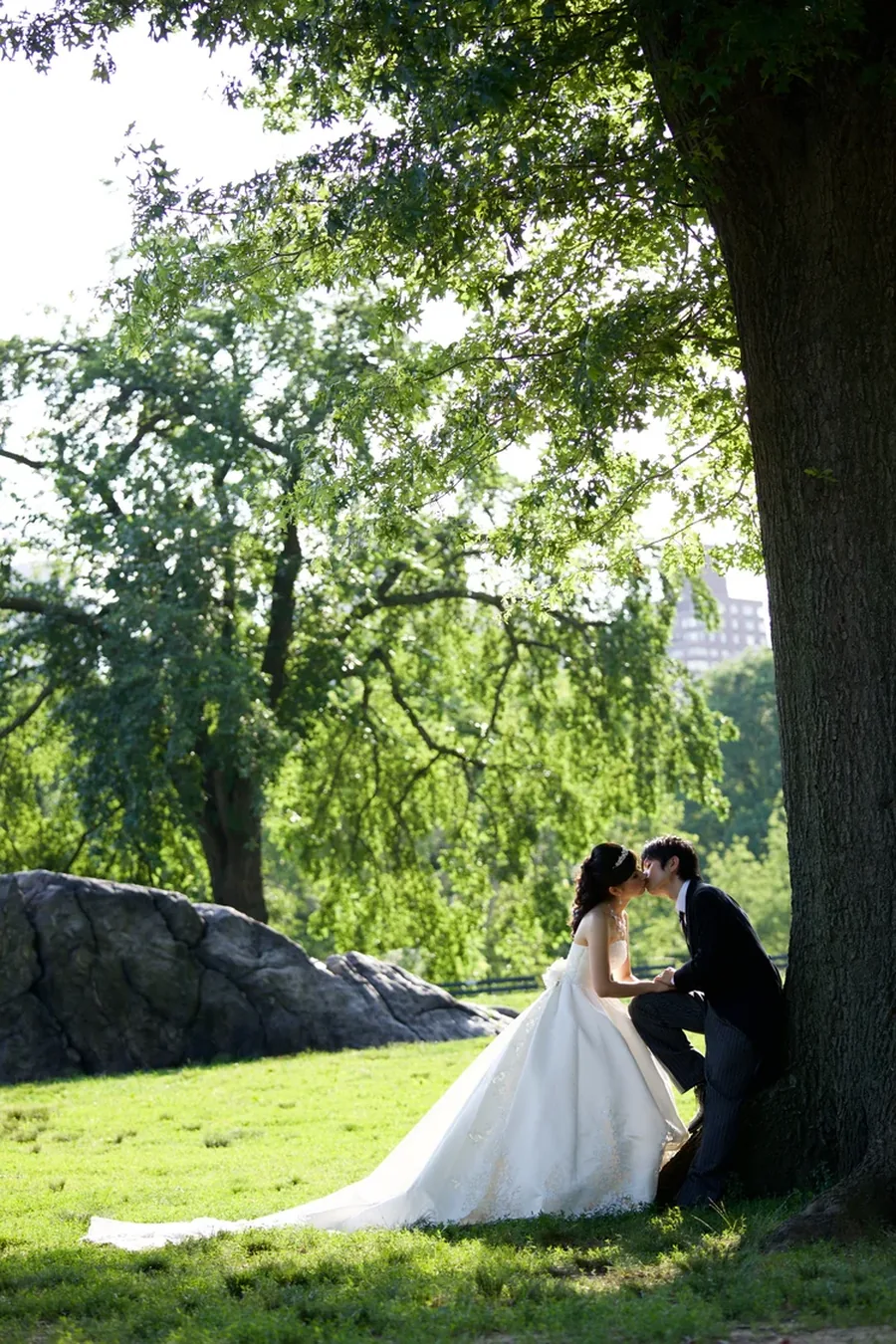 A couple kissing under a large tree in Central Park