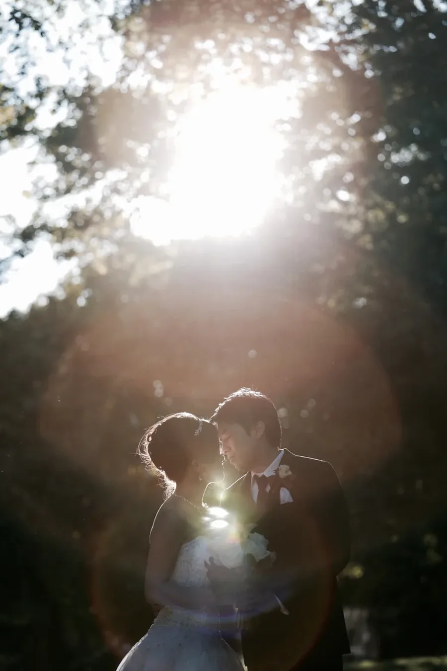 A couple kissing with the afternoon sun flaring between them