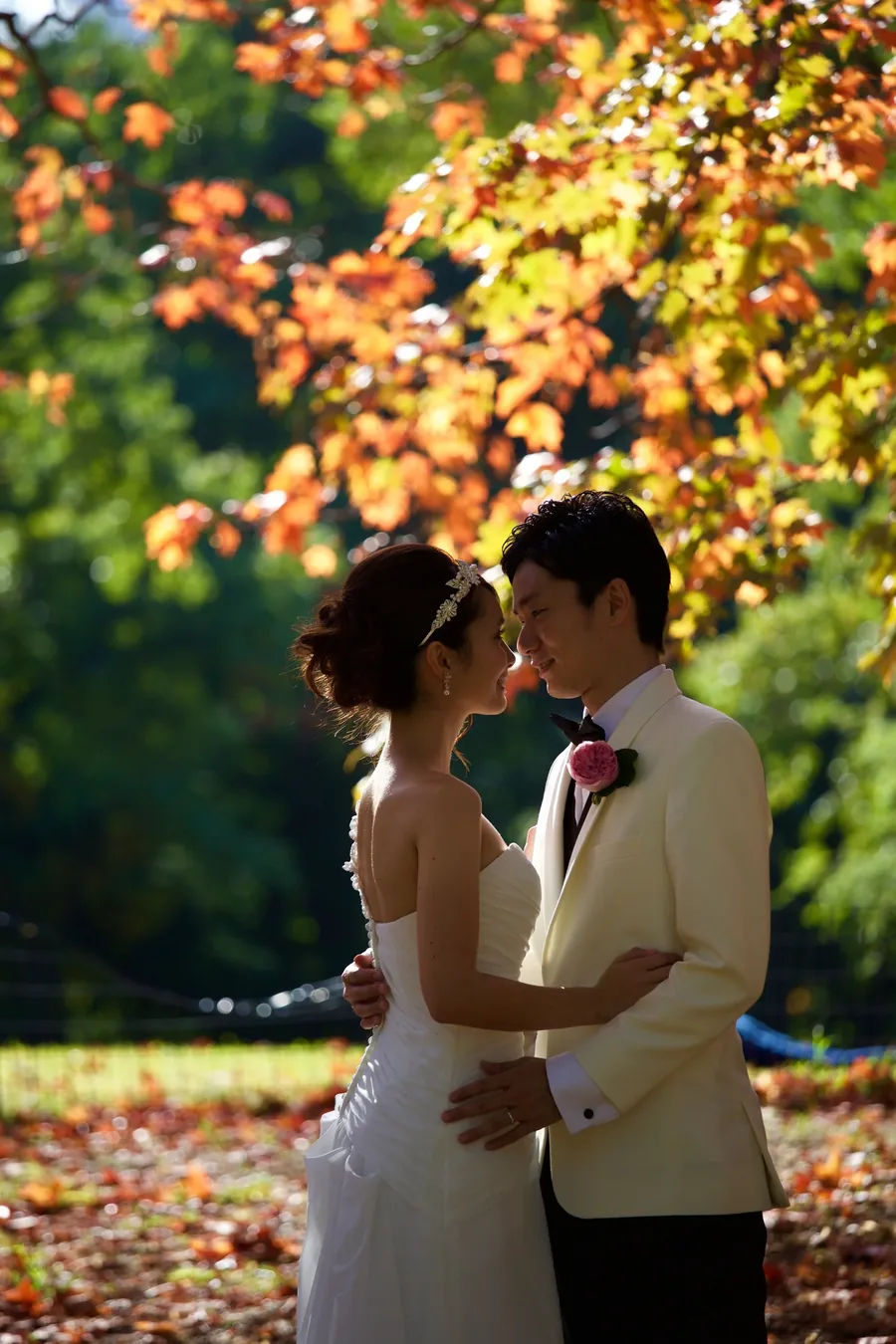 A couple beneath a tree turning orange in autumn